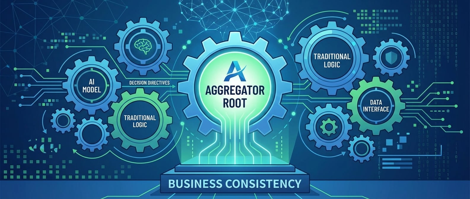 文生图:扁平插画风格,画面中心是一个巨大的、发光的“聚合根”符号,它像一个核心枢纽,连接着周围各种大小不一的齿轮(代表AI模型、传统业务逻辑、数据接口等)。齿轮上流动着数据流和决策指令,最终汇聚到聚合根进行智能决策。聚合根下方是一个稳固的基座,象征业务一致性。背景是抽象的神经网络和数据矩阵。色彩以蓝色和绿色为主,突出智能与稳定。