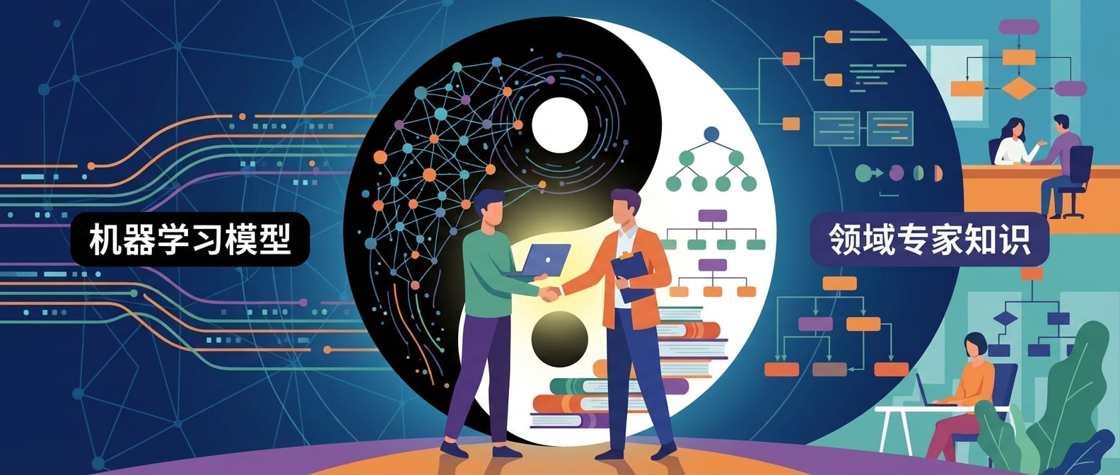 文生图:扁平插画风格,画面中心是一个巨大的“太极图”结构。太极图的黑白两极分别代表“机器学习模型”(由神经网络和数据流构成)和“领域专家知识”(由书籍、逻辑规则、业务流程图组成)。两位人物形象:一位数据科学家(象征机器学习)和一位领域专家(象征专家系统),在太极图的中央握手,象征着两者的融合与协作。整个画面突出平衡、融合与智慧。背景是抽象的数字网络和业务场景。色彩和谐,富有哲理。