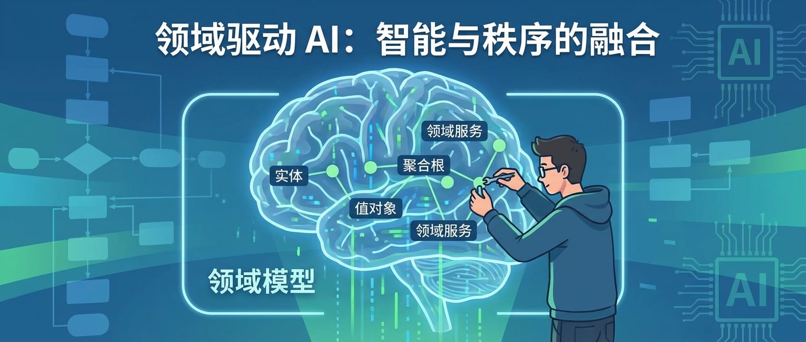 文生图:扁平插画风格,画面中心是一个巨大的、透明的AI模型(神经网络结构,其中流动着数据流),被一个清晰的“领域模型”边界所包裹。模型内部的节点和连接线都与领域中的实体、值对象、聚合根等概念相对应。一个程序员形象(象征领域专家)正在细致地调整模型内部结构,使其更贴合领域语境。背景是抽象的业务流程和AI芯片图案,突出DDD与AI模型的深度结合。色彩以蓝色和绿色为主,营造出智能与秩序的氛围。