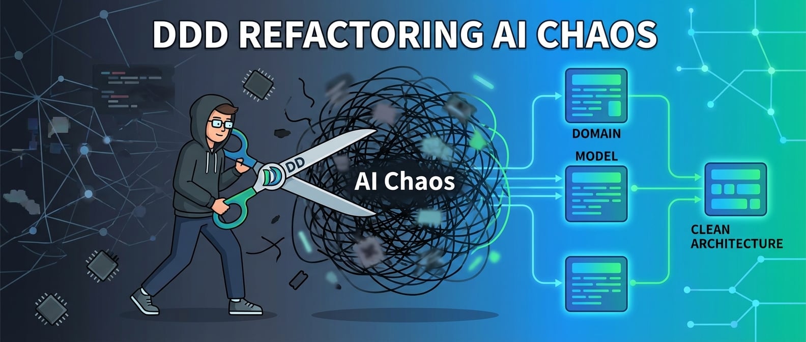 文生图:扁平插画风格,画面中心是一个巨大的、由复杂线条和模糊图形构成的“乱麻球”(象征混沌的AI项目)。一个程序员形象(象征项目管理者)手持一个巨大的“DDD”标志的剪刀,正在巧妙地剪开乱麻球,使其逐渐展现出清晰、有序的模块和连接线(象征条理清晰的AI项目结构)。背景是抽象的数字网络和散落的AI芯片。色彩从混乱的暗色调逐渐过渡到清晰明亮的蓝色和绿色,突出整理与优化的过程。