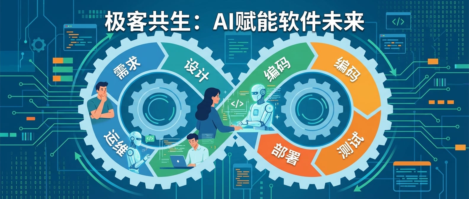 文生图:扁平插画风格,画面中心是一个巨大的圆形软件开发流程图,其中各个环节(需求、设计、编码、测试、部署、运维)都由AI机器人和人类开发者共同协作完成。AI机器人以发光的线条和数字符号表示其智能辅助,人类开发者则专注于高阶思考和决策。整个流程图如齿轮般紧密咬合,高速运转。背景是抽象的数字网络和代码矩阵,色彩以科技蓝、数据绿和橙色为主,营造高效、智能、协作的氛围。