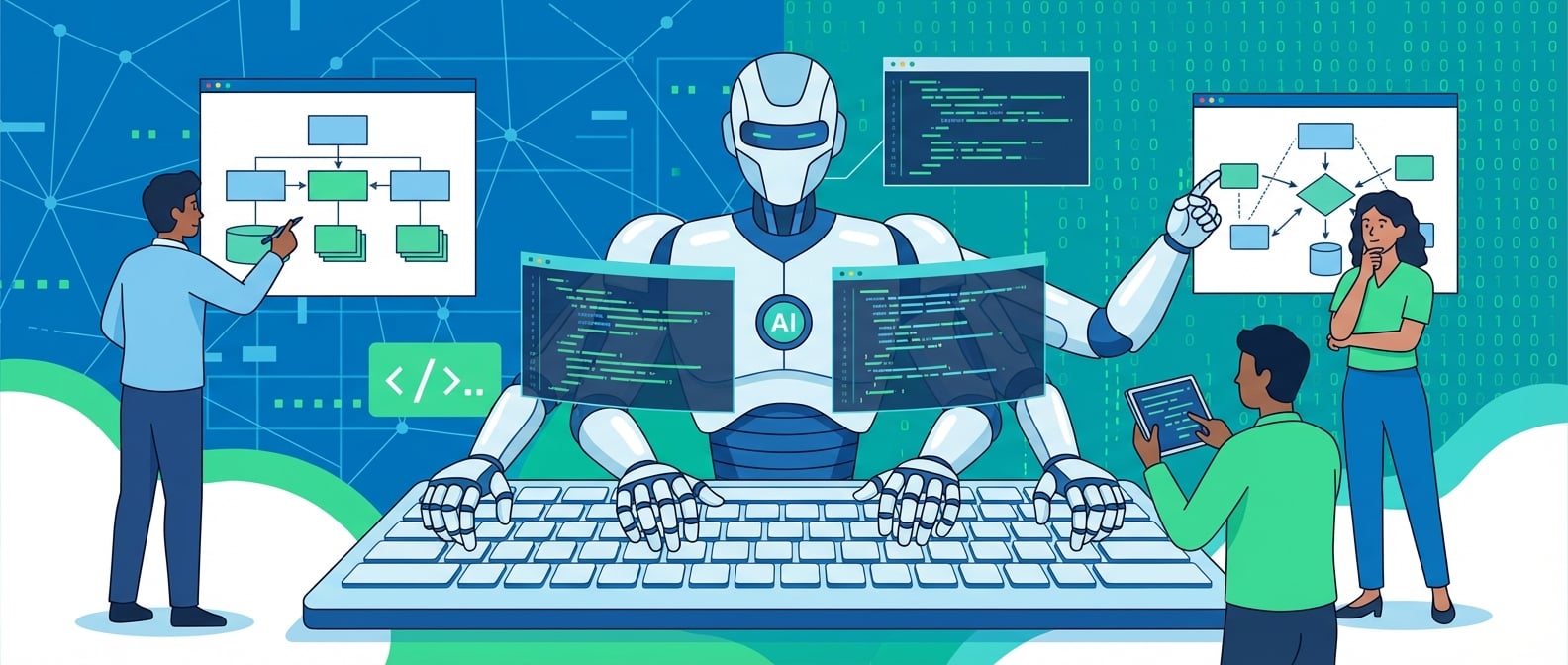 文生图:扁平插画风格,画面中心是一个巨大的AI机器人,它拥有多只手臂,正在快速且高效地敲击键盘,生成复杂的代码。在AI机器人的周围,有几位人类程序员,他们并非焦虑或失业,而是在专注于更高层次的工作,如架构设计、系统思考或与AI机器人进行交互。背景是抽象的数字网络和代码矩阵,色彩以科技蓝、数据绿和白色为主,营造高效、智能、协作的氛围,并带有积极的未来感。