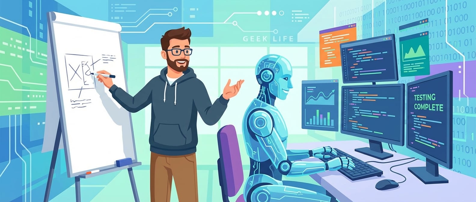 文生图:扁平插画风格,画面中心是一个明亮的办公空间,一位人类软件工程师正与一个拟人化的AI机器人并肩工作。人类工程师在设计和构思,AI机器人则快速地在屏幕上生成代码、进行测试。整个场景充满协作和默契。背景是抽象的数字网络和代码元素,色彩以蓝色、绿色和白色为主,营造和谐、高效、未来感的氛围。