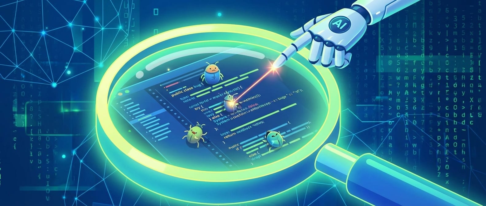 文生图:扁平插画风格,画面中心是一个巨大的、发光的“放大镜”,透过放大镜可以看到一个复杂的软件代码界面,其中有许多微小的、拟人化的“Bug”正在试图躲藏。放大镜上方有一只AI机械手,正在精准地指向并“捕获”这些Bug。整个场景充满科技感和未来感,背景是抽象的数字网络和代码矩阵。色彩以蓝色、绿色和黄色为主,突出效率和精准。