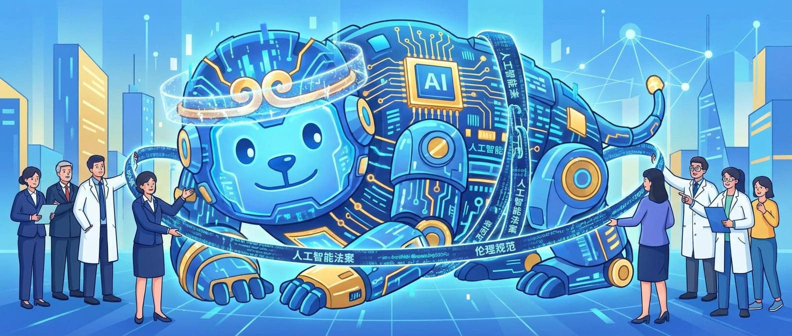 文生图:扁平插画风格,画面中心是一头巨大的、友善但被控制的“智能巨兽”(由AI芯片、数据流和机器人元素组成),它被一道由发光代码和法律条文编织而成的“紧箍咒”所束缚。周围是代表政府官员、科学家、伦理学家、公民等多方代表,他们共同维护着紧箍咒。背景是抽象的未来城市和数字网络,突出AI治理的集体性和重要性。色彩以蓝色和金色为主,营造秩序感和希望。
