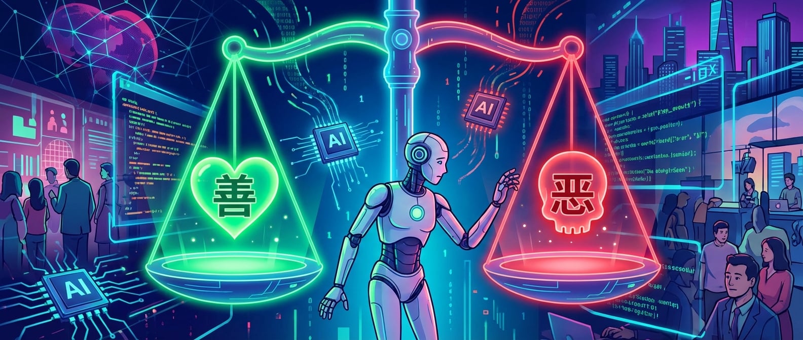 文生图:扁平插画风格,画面中心是一个巨大的、发光的“天平”,天平的两端分别悬挂着两个符号:一个是代表“善”的绿色心形,另一个是代表“恶”的红色骷髅头。AI芯片和复杂的代码流在天平周围盘旋,一个拟人化的AI机器人站在天平中央,伸出机械手,似乎在犹豫如何平衡。背景是抽象的数字网络和人类社会场景。色彩对比强烈,突出道德选择的复杂性。
