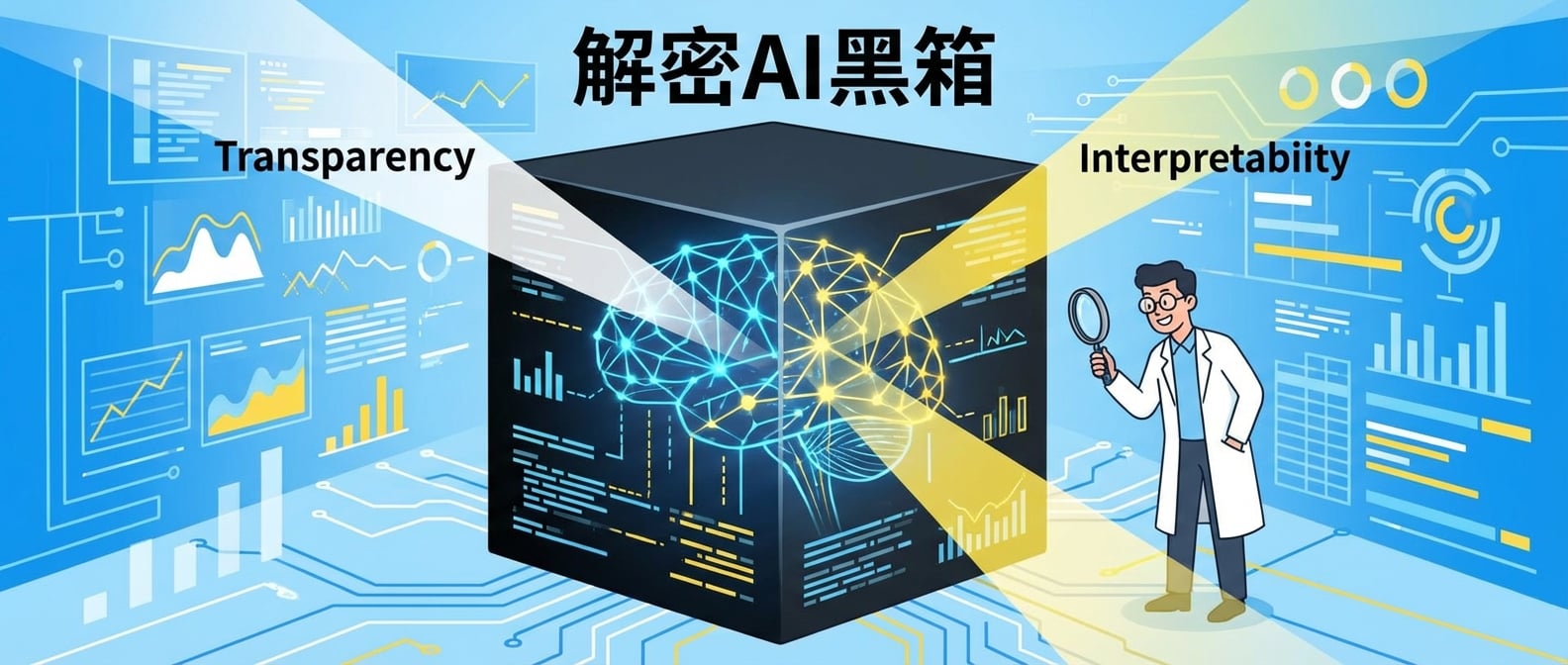 文生图:扁平插画风格,画面中心是一个巨大的、半透明的“黑箱”,象征AI模型。黑箱内部有复杂的神经网络结构和数据流,但外部有一束束清晰的光线(象征“透明度”和“可解释性”)穿透黑箱,照亮其内部结构。一位科学家(人类)站在黑箱旁,手持放大镜,正在仔细观察内部,脸上露出理解和满意的表情。背景是抽象的数字网络和图表。色彩以蓝色、白色和黄色为主,营造科技感、探索和清晰的氛围。