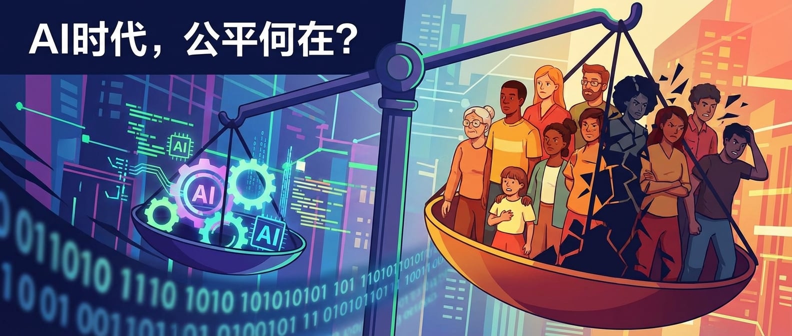 文生图:扁平插画风格,画面中心是一个巨大的、倾斜的“天平”,象征“公平与正义”受到挑战。天平的一端是代表AI算法的齿轮和数据流,另一端是不同肤色、不同性别、不同年龄的人类群像,但其中一些群体明显被算法的“阴影”所笼罩,表情沮丧。天平下方有模糊的“数字0和1”的代码,暗示偏见的来源。背景是抽象的社会场景和数据网络。色彩对比强烈,突出问题与解决方案。