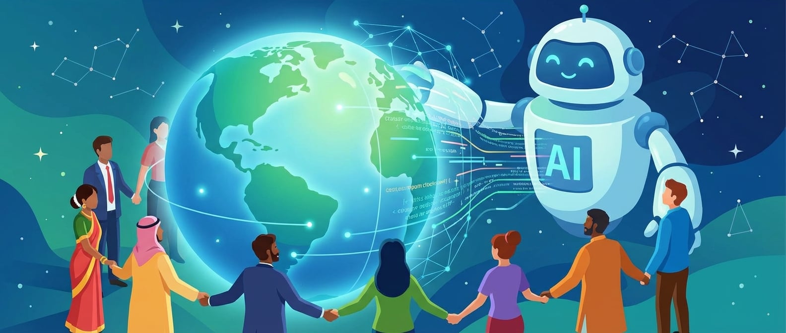 文生图:扁平插画风格,画面中心是一个巨大的、发光的“地球”,地球周围环绕着不同的国家和地区的人类代表(不同肤色、不同文化背景),他们手牵手,共同托举着一个巨大的、友善的AI机器人,象征全球协作与共享未来。地球与AI机器人之间有复杂的数字网络和代码流。背景是抽象的宇宙和星星,突出全球性和未来感。色彩以蓝色和绿色为主,营造和谐、合作与希望。