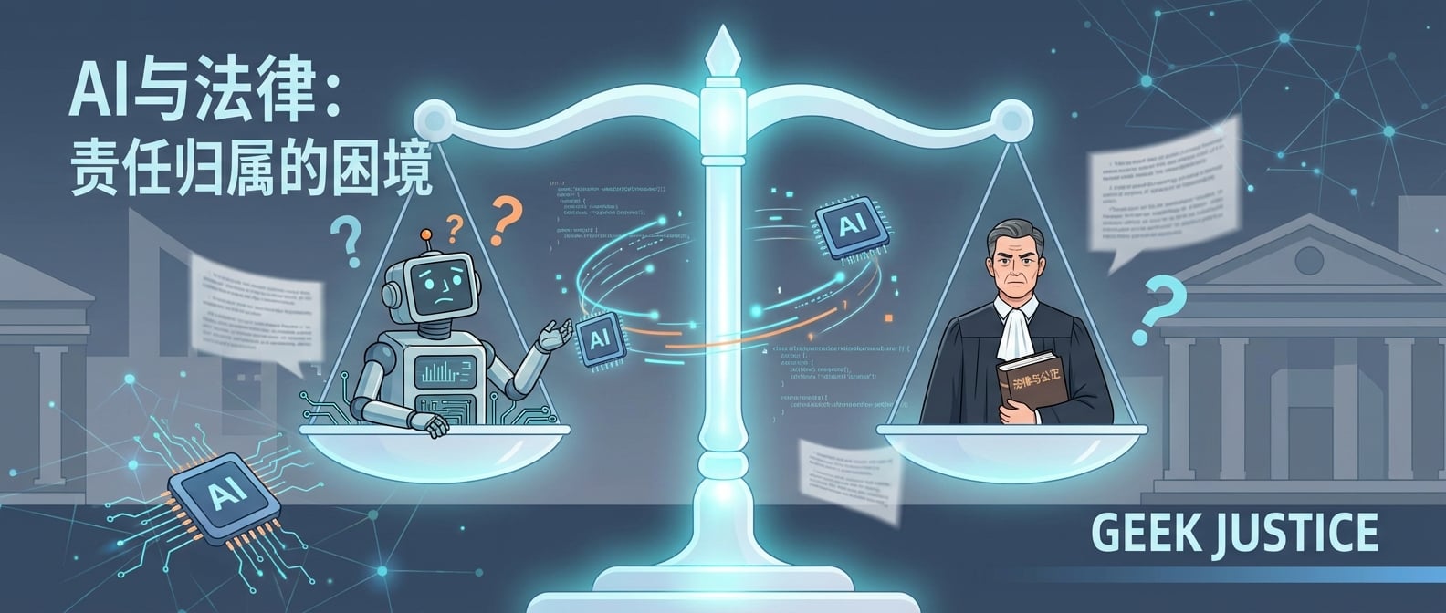 文生图:扁平插画风格,画面中心是一个巨大的、发光的“天平”,象征法律与公正。天平的一端是一个拟人化的机器人,表情困惑,另一端是一个人类法官,手持一本法律书籍,表情严肃。AI芯片和数据流在空中交织,暗示复杂的技术问题。天平周围有问号和模糊的法律条文,突出责任归属的困境。背景是抽象的法院大厅和数字网络。色彩以庄重的蓝色和灰色为主,营造严肃思辨的氛围。