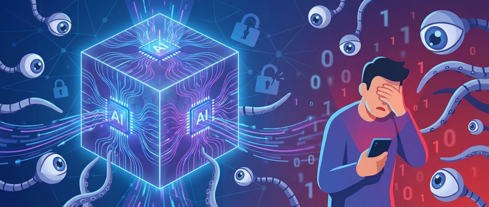 文生图:扁平插画风格,画面中心是一个巨大的、半透明的“数据立方体”,内部有流动的数据流和AI芯片。立方体周围,无数只“眼睛”(象征监控和数据收集)和“触手”(象征数据挖掘)伸向一个手持手机、试图遮挡面部的人类形象。人类形象表情焦虑,周围有模糊的“数字0和1”的代码。背景是抽象的数字网络和锁的符号,暗示隐私的泄露与保护。色彩以蓝色、紫色和红色为主,营造紧张感和警示。