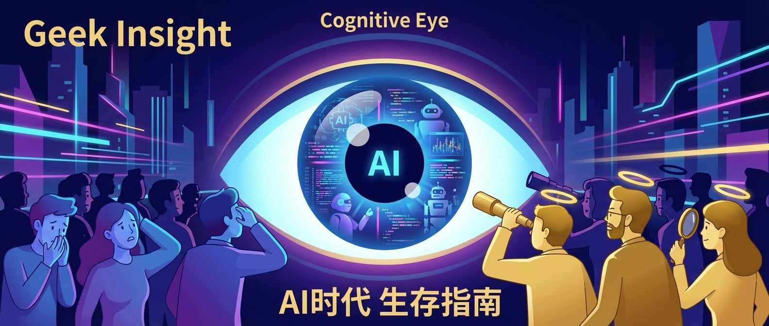 文生图:扁平插画风格,画面中心是一个巨大的、发光的“认知之眼”,眼中映照着复杂的AI算法、数据流和机器人。周围的人群有迷茫的,有焦虑的,但少数人手持望远镜或放大镜,眼神坚定地凝视着“认知之眼”,他们的头顶上方有智慧的光环。背景是抽象的城市剪影,带有科技感的光线穿梭其中。整个画面强调洞察力、理解和智慧的重要性。色彩以深蓝色、紫色和金色为主,营造出深邃而富有哲理的氛围。