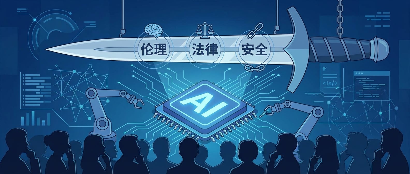 文生图:扁平插画风格,画面中心是一把巨大的“达摩克利斯之剑”,剑尖悬挂在一块发光的AI芯片上方。芯片周围是抽象的数字网络、数据流和机器人手臂。剑身上刻有“伦理”、“法律”、“安全”等字样,分别由代表不同挑战的符号环绕(如天平代表法律、锁链代表安全、大脑代表伦理)。下方是担忧和思考中的人群剪影。背景是科技感十足的蓝色调,营造出紧张而深思的氛围。