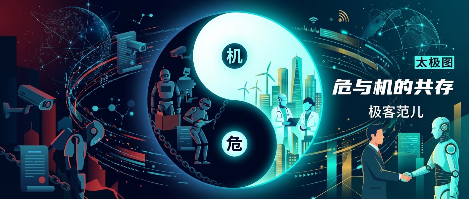 文生图:扁平插画风格,画面中心是一个巨大的、发光的“太极图”,一半是代表“危”的暗色调,其中包含失业的机器人、监控摄像头、法律条文和安全锁链等元素;另一半是代表“机”的亮色调,其中包含智能医疗、智慧城市、绿色能源和人机协作等元素。太极图周围是抽象的数字网络和数据流。整个画面强调风险与机遇的平衡与共存。色彩对比强烈,富有哲理和科技感。