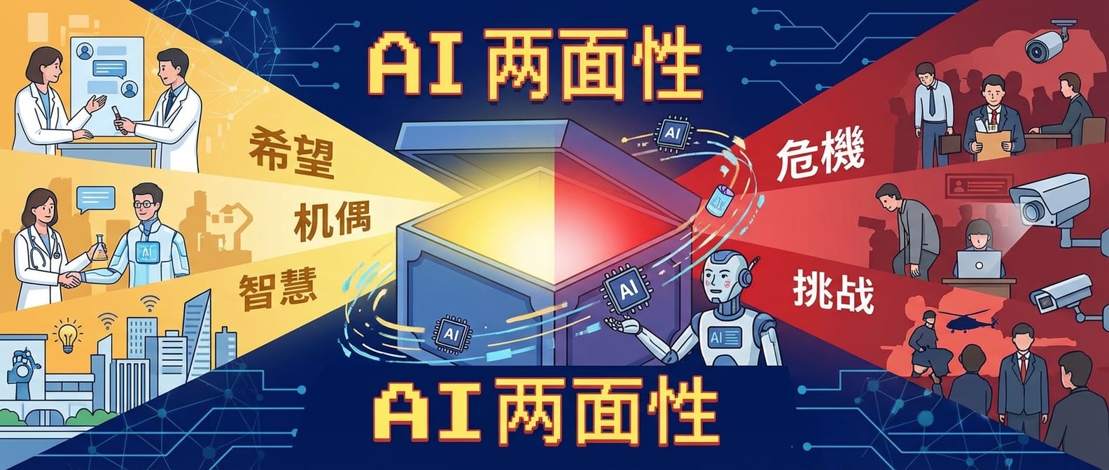 文生图:扁平插画风格,画面中心是一个巨大的、半开的“潘多拉魔盒”,盒子里冒出两种截然不同的光芒:一侧是代表“希望”和“机遇”的金色光芒,其中有人类与AI协作的场景,如智能医疗、智慧城市;另一侧是代表“危机”和“挑战”的红色光芒,其中有失业的工人、被监控的人群、甚至战争的景象。AI芯片和数据流围绕着魔盒,一个拟人化的AI机器人站在魔盒旁,表情复杂。背景是抽象的数字网络和人类社会场景。色彩对比强烈,突出AI的两面性。