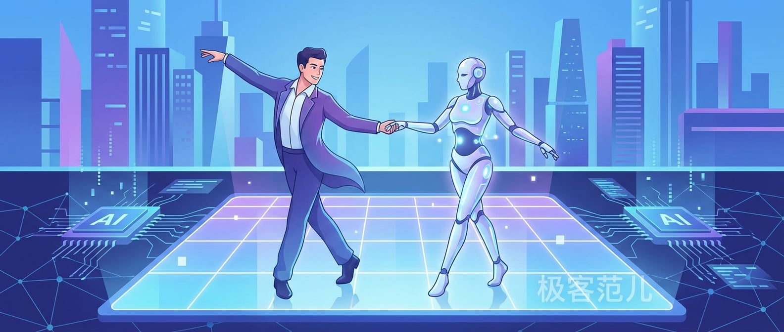 文生图:扁平插画风格,画面中心是两位优雅的舞者,一位是人类,一位是流线型的AI机器人,他们手牵手,在发光的数字舞池中翩翩起舞。人类舞者的表情是自信和愉悦的,AI机器人则以柔和的光线和流畅的动作回应。舞池周围是抽象的AI芯片、数据流和互联的网络。背景是未来感的城市天际线,色彩以蓝色、紫色和白色为主,营造和谐、共生、优雅的氛围。
