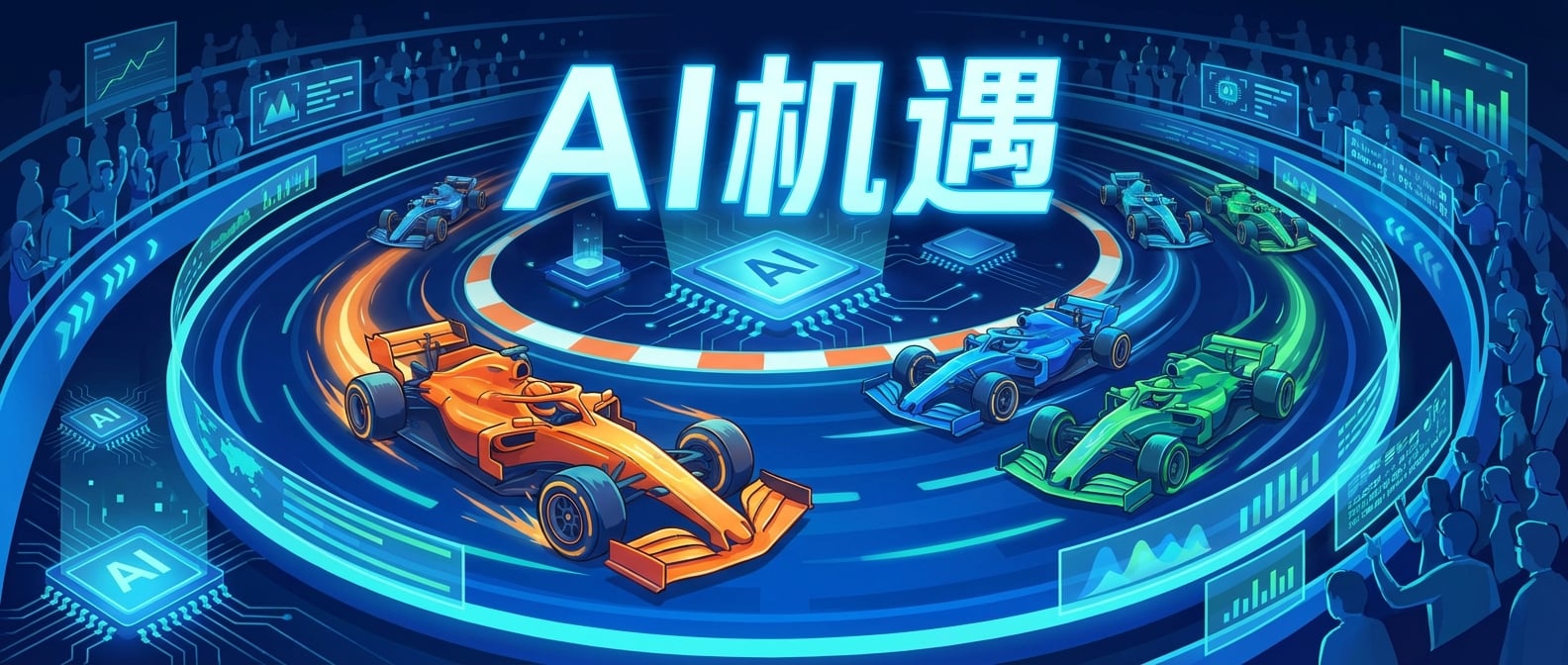 文生图:扁平插画风格,画面中心是一个充满未来感的赛车道,赛道上有多辆赛车正在高速行驶,其中一辆赛车(象征“个人或企业”)正在一个急弯处,通过巧妙的操控和加速,超越了其他几辆赛车。赛道两旁是发光的AI芯片、数据流和数字化的观众。赛车上方有一个巨大的、发光的“AI机遇”符号。整个画面突出速度、策略、超越和机遇。色彩以蓝色、橙色和绿色为主,营造动感和科技感。