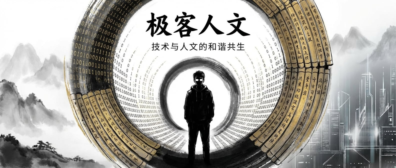 文生图:水墨风格,一个巨大的圆环中心是一个人影,圆环由流动的代码和古老的简牍交织而成,象征着技术与人文的和谐。