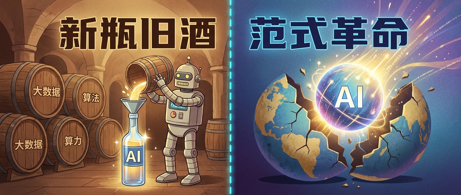 文生图:扁平插画风格,画面被一道垂直的虚线分为两部分。左侧是“新瓶旧酒”,描绘一个古老的酒窖,里面堆放着贴有“大数据”、“算法”、“算力”标签的酒桶,一个现代AI机器人正在用漏斗将这些旧酒倒入一个闪闪发光、设计现代的“AI”新瓶中。右侧是“范式革命”,描绘一个断裂的旧地球模型,新生的、由光芒和数据流组成的“AI星球”正在从裂缝中冉冉升起,象征着颠覆与新生。两种景象在对比中展现。色彩对比鲜明,突出哲学思辨。