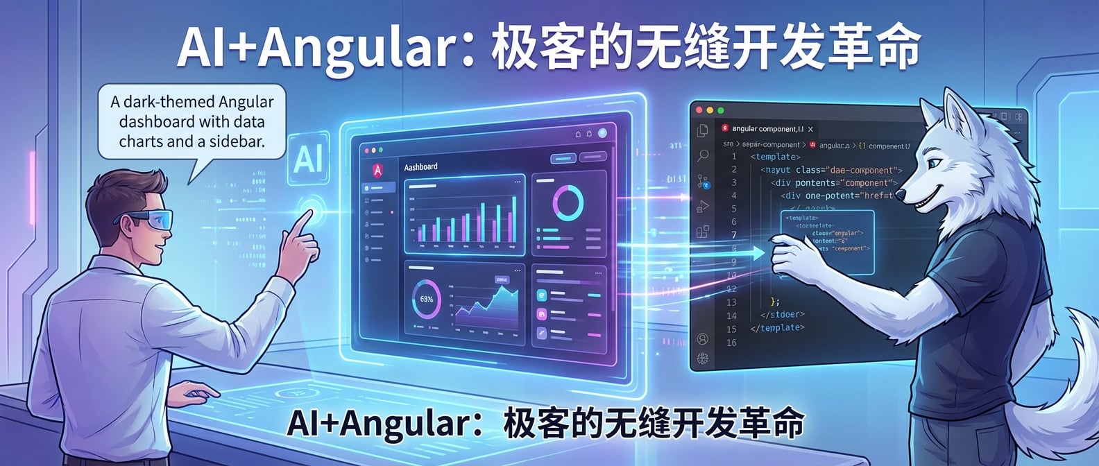 文生图:一位设计师正在对着一个未来感的AI屏幕用自然语言描述UI需求。屏幕上根据语言实时生成了一个精美的、具有Angular风格的UI组件。旁边,一位Angular开发者(雪狼形象)面带微笑,轻松地将屏幕上的代码片段拖拽到一个IDE的Angular组件模板文件中。画面中流动的线条连接着设计与代码,强调效率与无缝衔接。艺术风格:科技感、未来主义、简洁明亮。