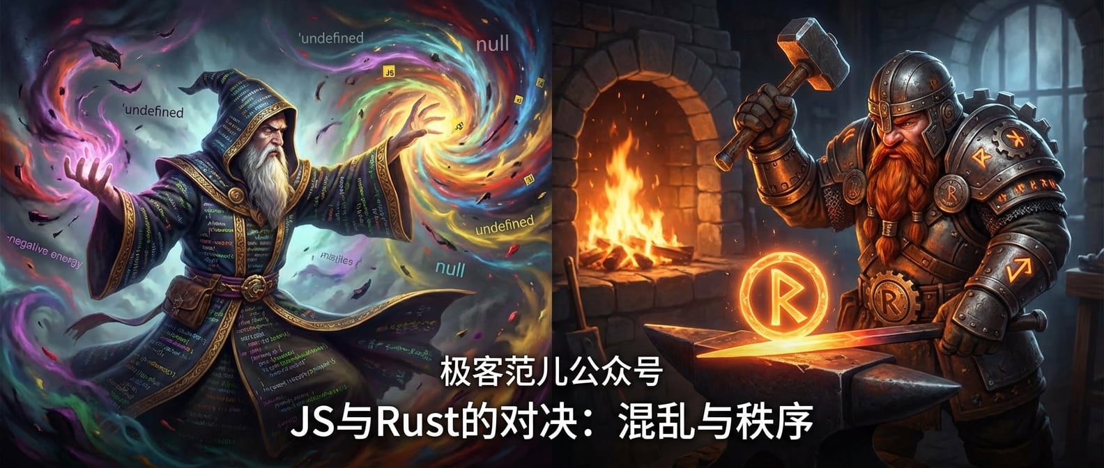 文生图:一位身着传统魔法袍的JSer巫师,正在施展绚丽而略显失控的JavaScript魔法,周围漂浮着undefined和null的负面能量。在他身后,一位身穿厚重、刻有Rust齿轮符文盔甲的矮人铁匠,正手持巨锤,在燃烧的锻炉旁,一丝不苟地锻造着一个发出橙色稳固光芒的完美符文。整体场景充满对比,强调纪律与安全。艺术风格:奇幻史诗,光影对比强烈。