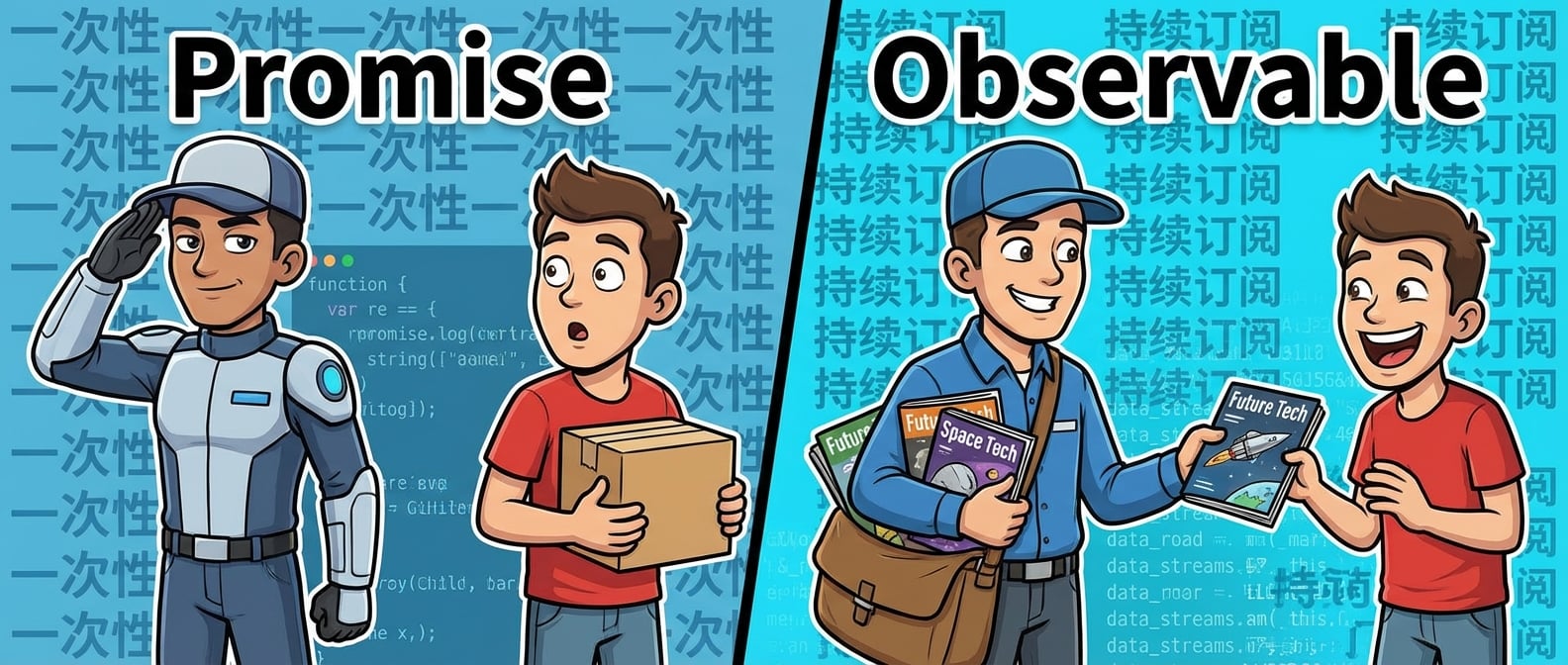 文生图:一个对比图。左边“Promise”,一个穿着快递制服的人递给用户一个包裹后,敬礼告别,背景是“一次性”的文字。右边“Observable”,一个穿着邮递员制服的人正在把一本杂志递给一位高兴的用户,他的邮包里装满了各种未来杂志,背景是“持续订阅”的文字。风格:简洁的卡通人物对比,细节更丰富,强调动作和表情。
