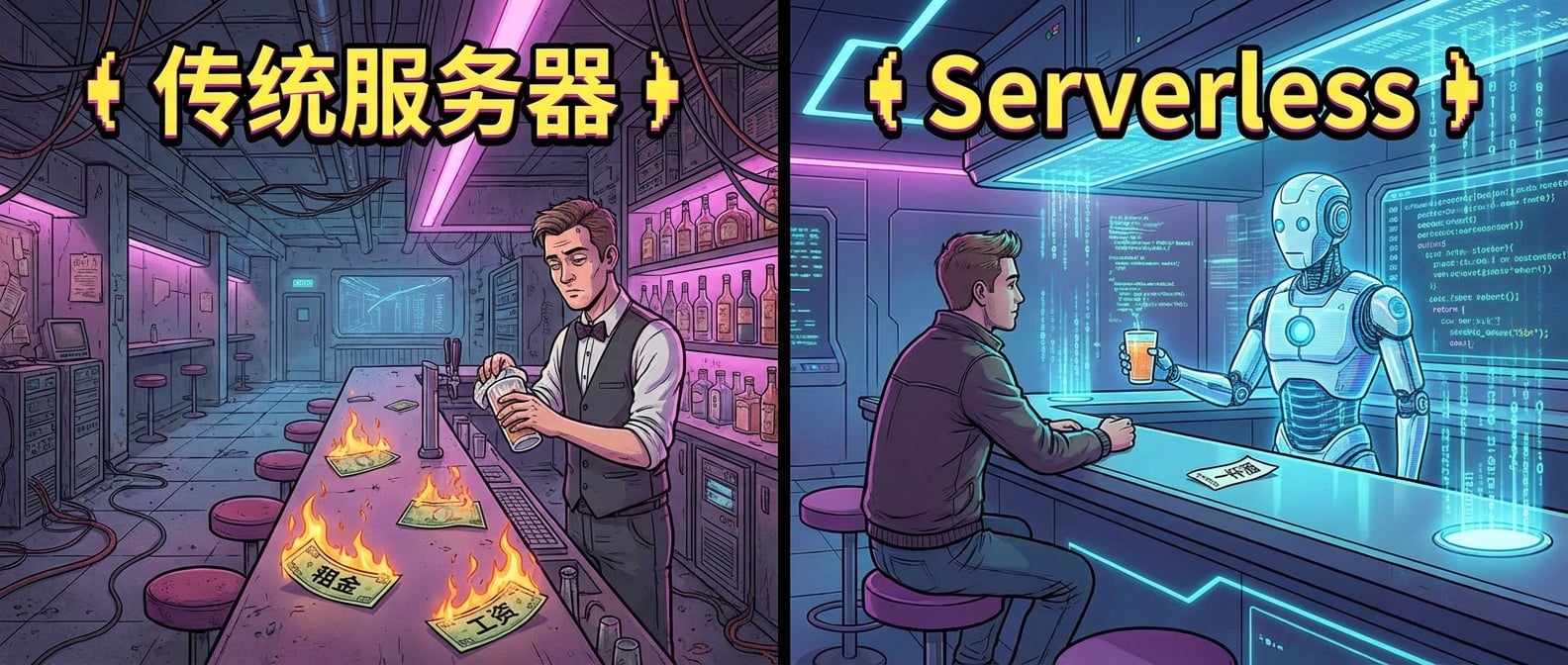 文生图:一个对比图。左边“传统服务器”,一个空无一人的大酒吧里,酒保无聊地擦着杯子,租金和工资的账单正在燃烧。右边“Serverless”,一个顾客刚坐下,一个机器人酒保就凭空出现,迅速调好一杯酒递给他,然后消失,只留下一个写着“一杯酒”的小额账单。风格:对比鲜明的卡通漫画。