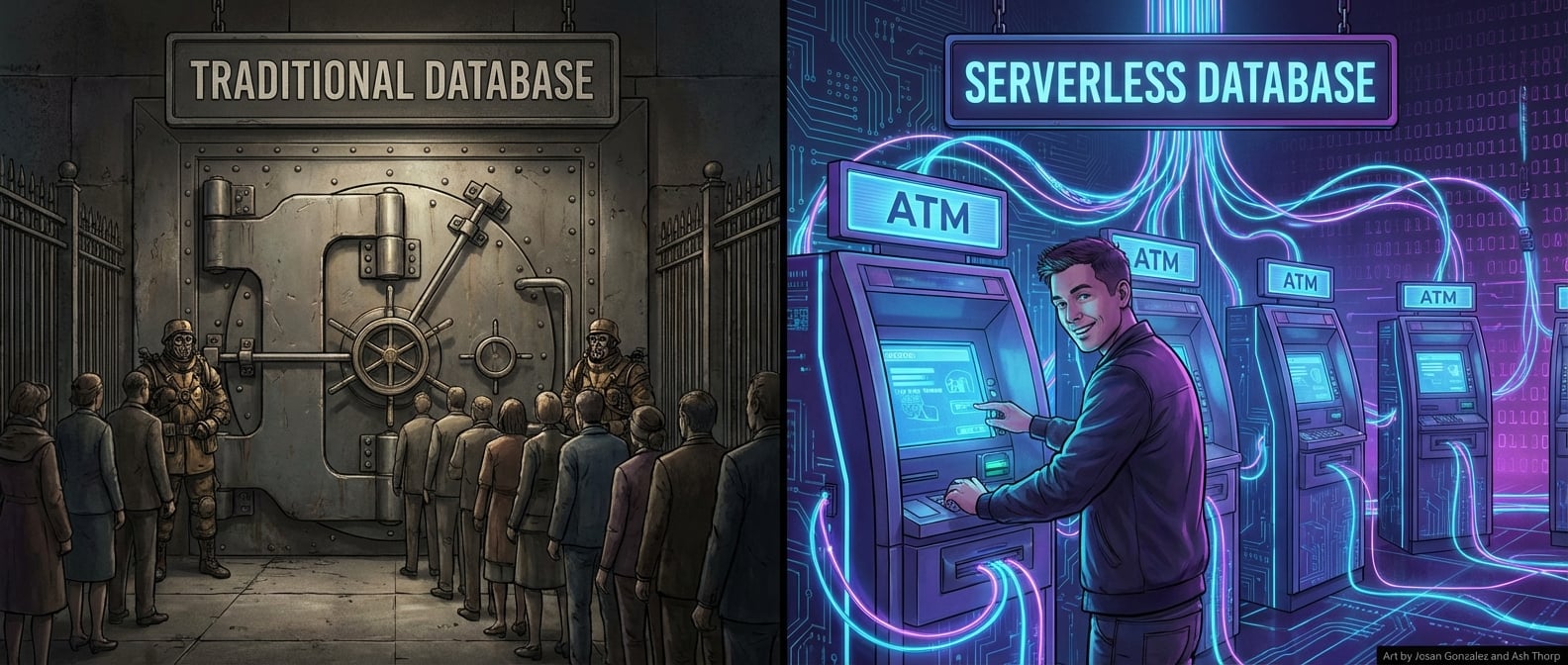 文生图:一分为二的对比图。左边“传统数据库”,一座古老的、巨大的银行金库,门口有重兵把守,人们排着长队。右边“Serverless数据库”,一个用户正轻松地在全球各地的、未来感十足的ATM机上操作,ATM机之间通过光纤连接。风格:概念插画。