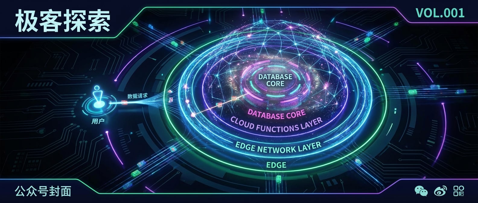 文生图:一个代表用户的光点,它发出的请求首先穿过一个环绕着它的、最近的“边缘网络层”(Edge),然后再深入到一个更中心的“云函数层”(Functions),最终抵达“数据库核心”。整个结构像一个多层的神经网络或星系。风格:科技感、网络拓扑图。