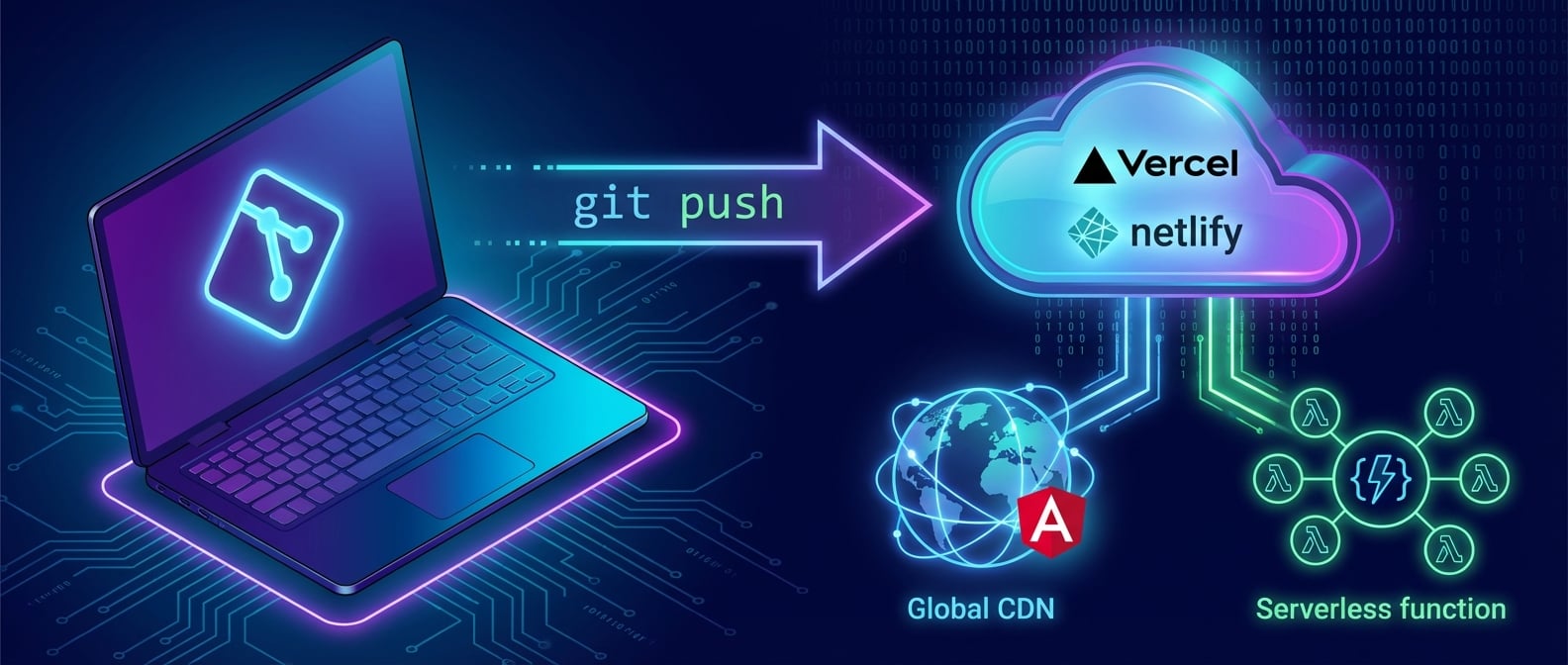 文生图:一个清晰的流程图。左边是开发者的电脑,上面有Git图标。中间是一个箭头,上面写着git push。右边是一个云平台(如Vercel/Netlify的logo),云平台内部自动分化出两部分:一部分是全球CDN网络,上面有Angular的logo;另一部分是Serverless函数图标。风格:信息图表、简洁、专业。