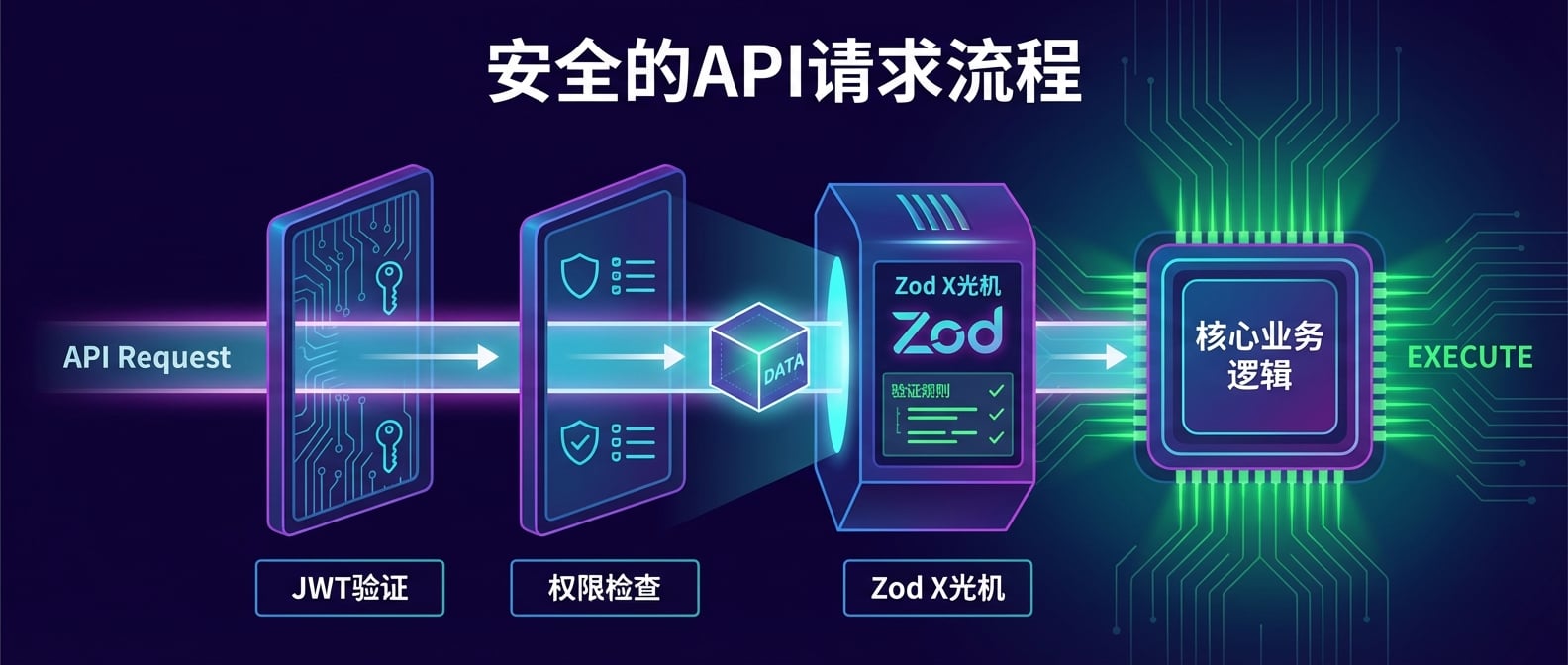 文生图:一个流程图,展示了一个安全的API请求过程。请求光束先通过“JWT验证”关卡,再通过“权限检查”关卡,然后其携带的数据包被一个zod标志的“X光机”扫描(输入验证),全部通过后,才最终抵达并执行核心的业务逻辑。风格:清晰、专业的信息图表。