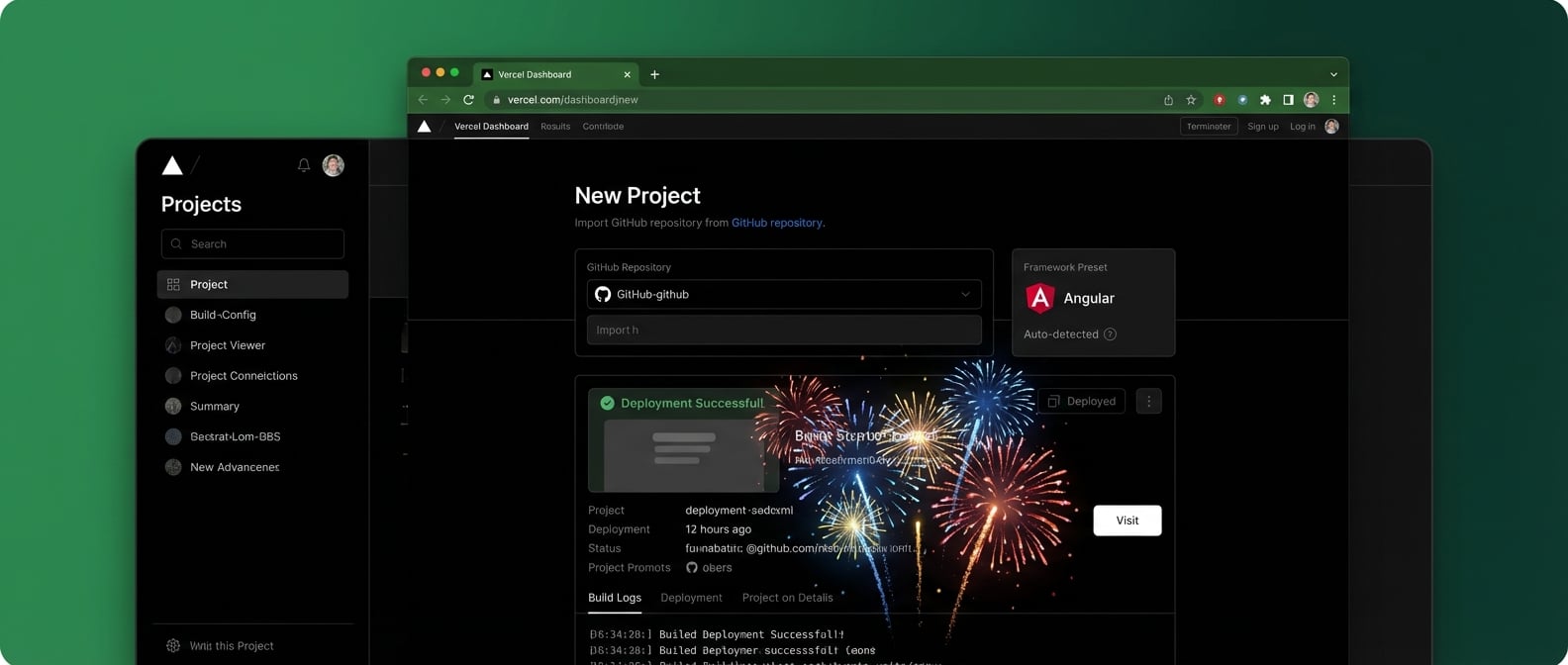 文生图:Vercel的部署界面截图,显示了从GitHub导入项目,自动识别为Angular框架,以及部署成功后燃放烟花的动画。截图应清晰展示Vercel Dashboard的界面元素和部署流程。风格:真实的软件截图。