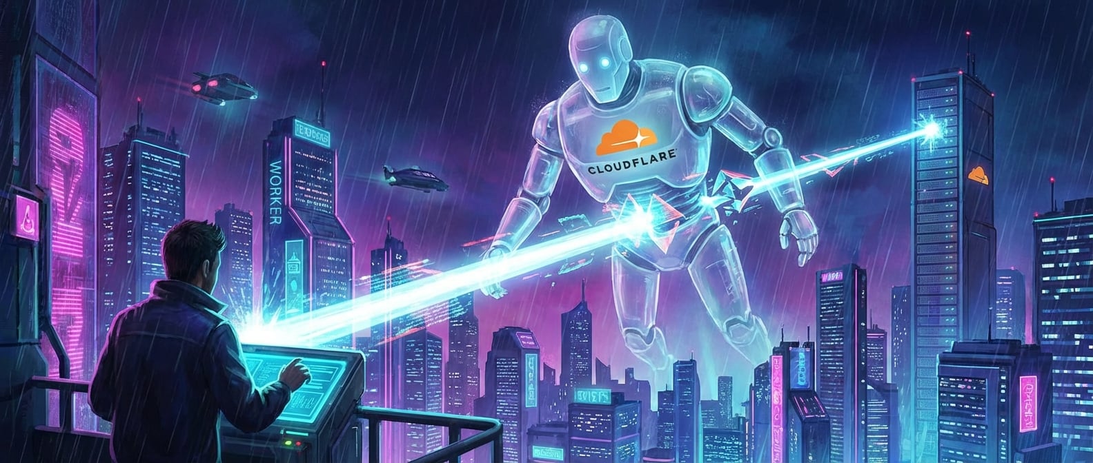 文生图:一个用户向远方的服务器发出请求。请求的光束在半路上,被一个悬浮在城市上空的、半透明的机器人(Cloudflare Worker)拦截了下来。机器人对光束进行了扫描和处理,然后才放行。风格:赛博朋克、概念插画。
