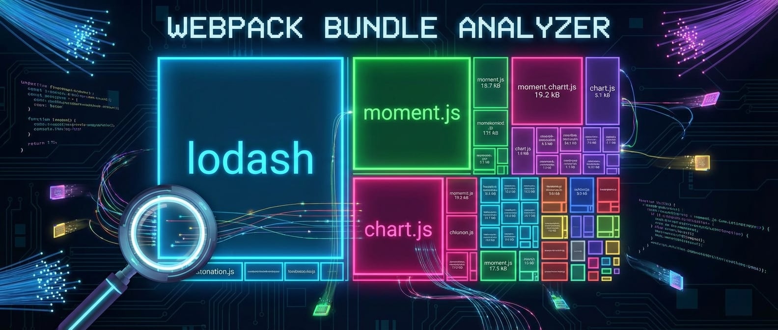 文生图:一个由各种彩色方块组成的树状图(webpack-bundle-analyzer的界面)。其中有几块特别巨大的方块,上面标着“lodash”, “moment.js”, “chart.js”等字样,一个放大镜正在聚焦在最大的那块上。风格:数据可视化、信息图。
