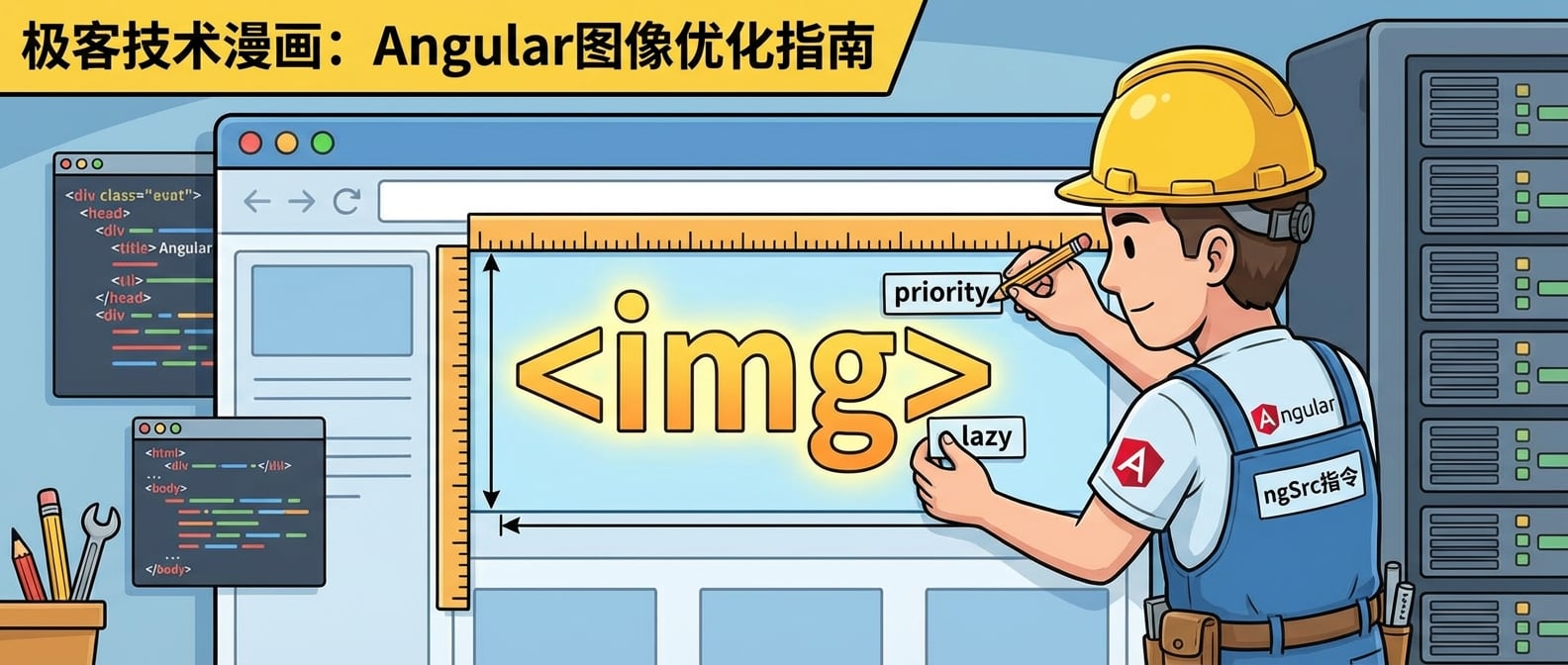 文生图:一个 <img> 标签被一位戴着安全帽、穿着“Angular”工装的工程师(ngSrc指令)精心安装。工程师正在用尺子测量它的宽高,并给它贴上“priority”和“lazy”的标签。风格:清晰易懂的技术漫画。