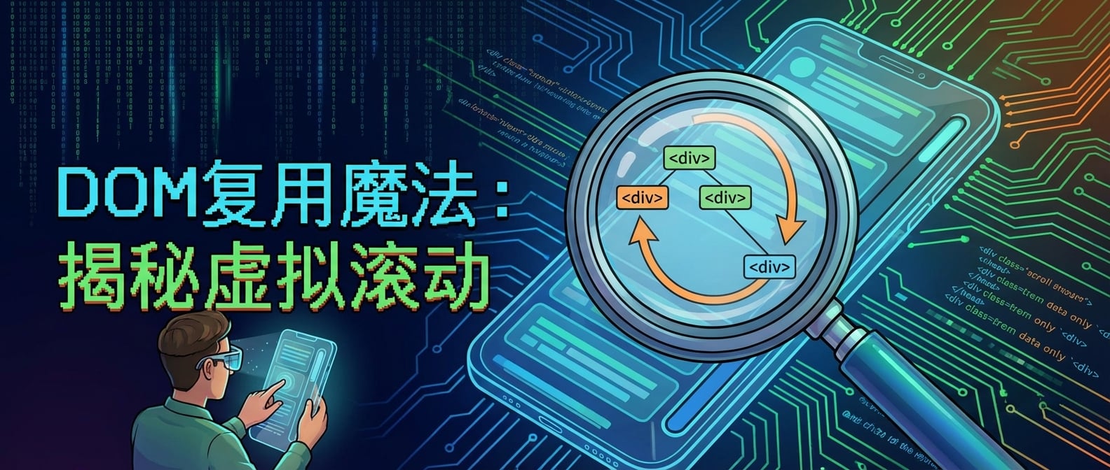 文生图:一个用户正在滚动手机屏幕上的一个长列表。屏幕被一个放大镜聚焦,放大镜中显示,DOM树里其实只有十几个 <div> 元素在上下循环复用,而滚动条却非常长。风格:概念清晰的技术图解。