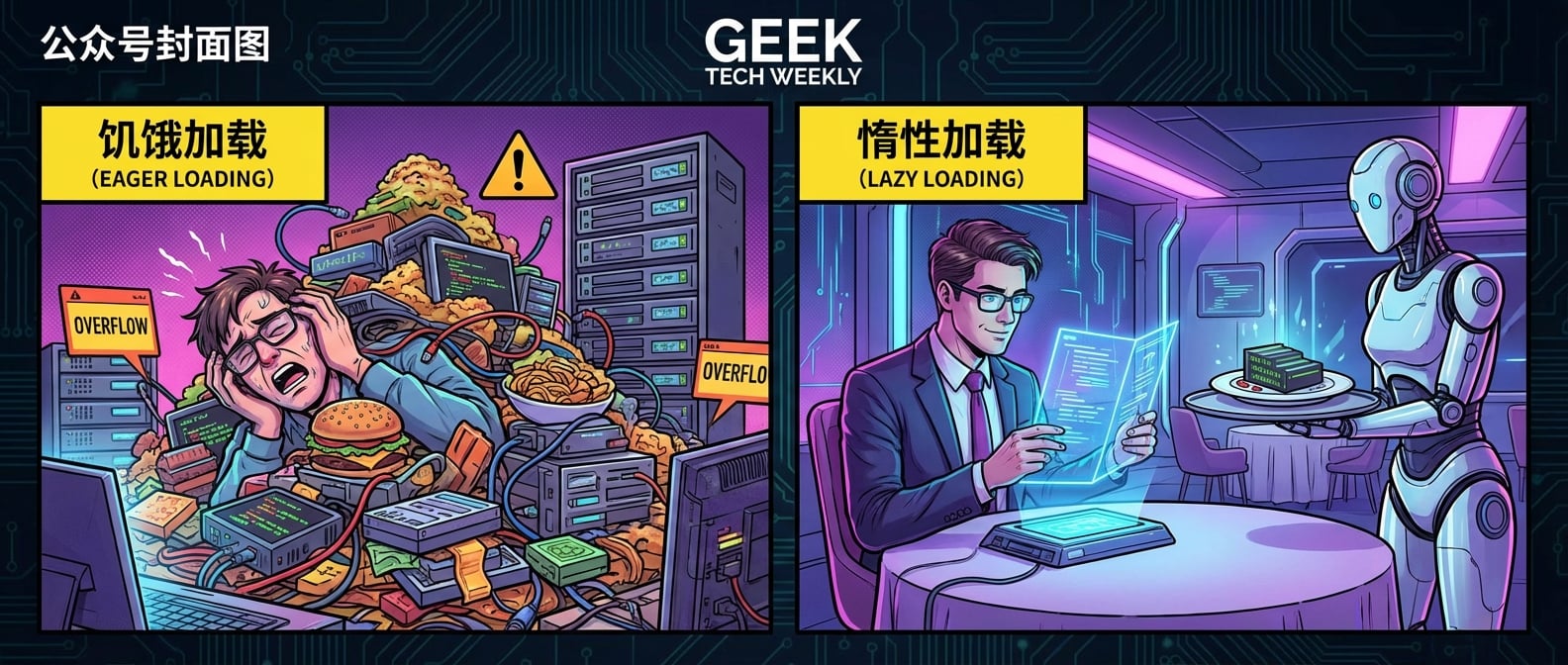文生图:一个对比图。左边“饥饿加载”,一个用户被山一样高的食物(代码)淹没,表情痛苦。右边“惰性加载”,一个用户优雅地看着菜单,服务员正端着他刚点的一盘精致菜肴走来。风格:对比鲜明的漫画。