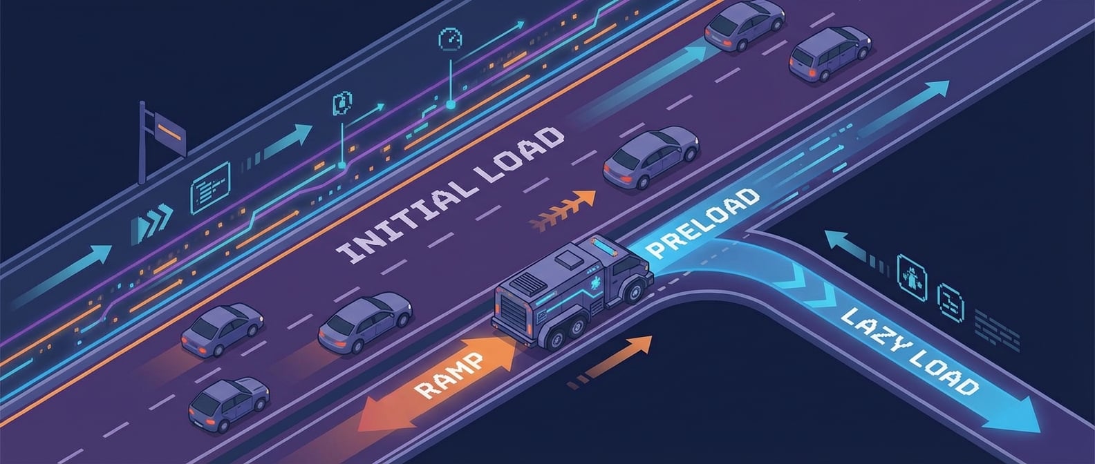 文生图:一条高速公路,代表用户的访问路径。在主干道(初始加载)畅通无阻后,一辆“预加载”工程车从旁边的匝道悄悄驶出,在不影响主路交通的情况下,提前为前方的“惰性加载”出口铺路。风格:简洁、清晰的信息图表。