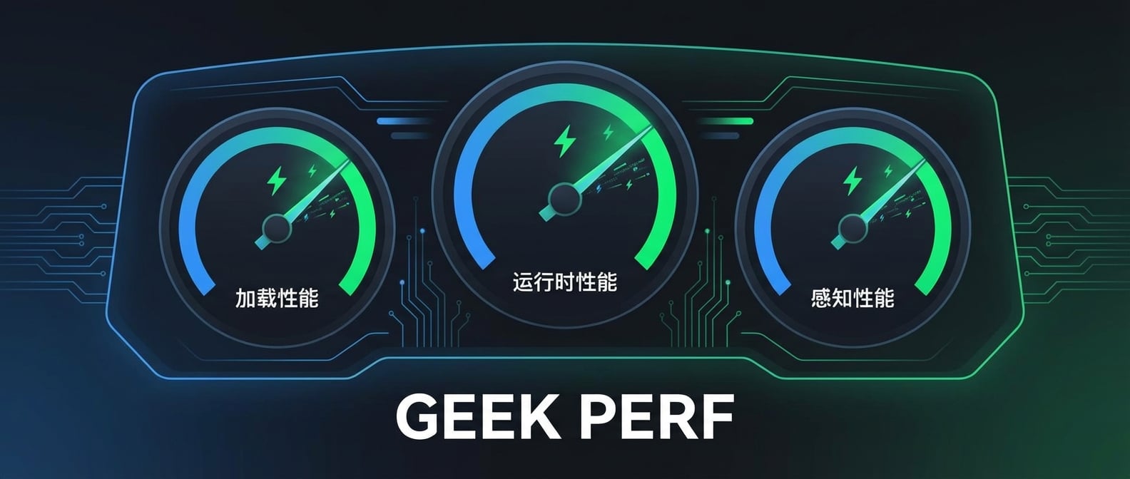 文生图:一个仪表盘,上面有三个主要的仪表,分别标着“加载性能”、“运行时性能”和“感知性能”。三个指针都指向绿色区域,象征着一个高性能的应用。风格:现代、简洁的信息图表。