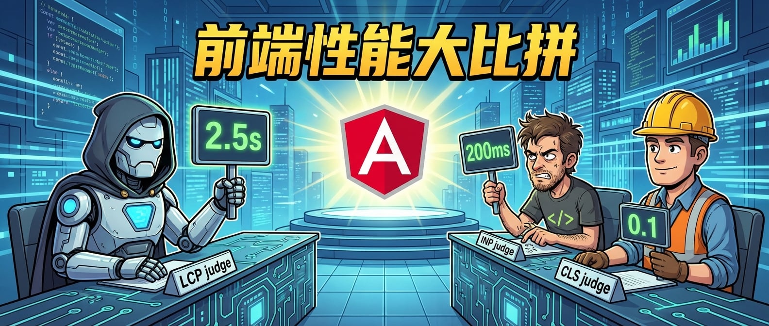 文生图:三位拟人化的评委坐在评委席。中间的LCP评委举着“2.5s”的牌子,表情严肃。左边的INP评委举着“200ms”的牌子,手指在敲桌子,显得不耐烦。右边的CLS评委戴着安全帽,举着“0.1”的牌子,看起来很注重稳定。舞台中央是Angular Logo,正在闪闪发光。风格:趣味漫画、卡通。