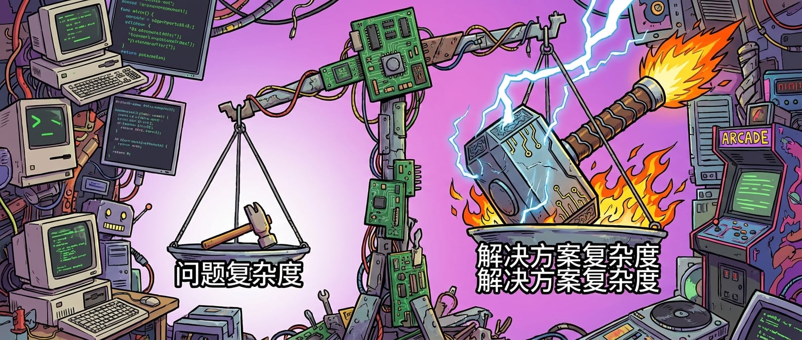 文生图:一个天平,左边的托盘上放着一把小小的锤子,下面写着“问题复杂度”;右边的托盘上放着一把巨大的、火箭助推的“雷神之锤”,下面写着“解决方案复杂度”。天平严重向右倾斜,失去平衡。风格:讽刺漫画。