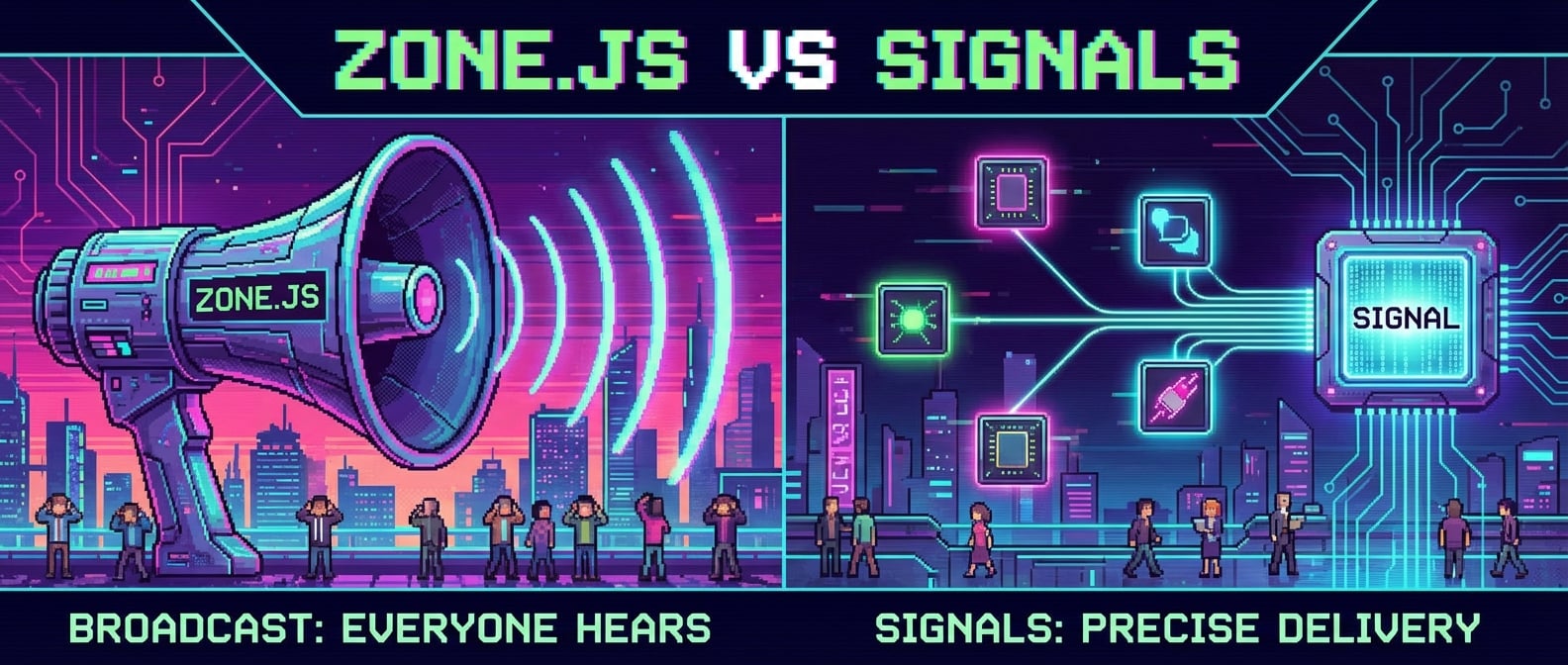 文生图:概念插画。左边是Zone.js的“大喇叭”模式,一个大喇叭向全城广播,所有人都被迫在听。右边是Signals的“私信”模式,一个数据源(Signal)精准地向几个特定的订阅者(组件)发送私信,其他人不受打扰。