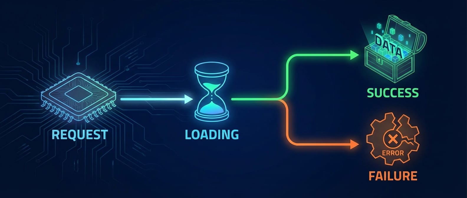 文生图:一个流程图,清晰地展示了异步数据的三种状态。一个请求发出后,流向一个loading状态的沙漏;然后分叉,一条成功路径指向一个装着数据的宝箱(data),另一条失败路径指向一个破碎的图标(error)。风格:简洁、清晰的信息图表。