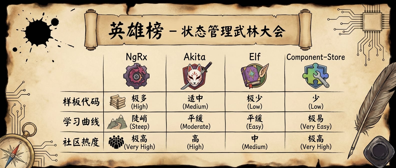 文生图:一张羊皮卷风格的“英雄榜”,用表格的形式列出了NgRx, Akita, Elf, Component-Store等状态管理库的各项指标对比(如样板代码、学习曲线等),每个库都有一个卡通化的门派徽章。风格:复古、信息图表。