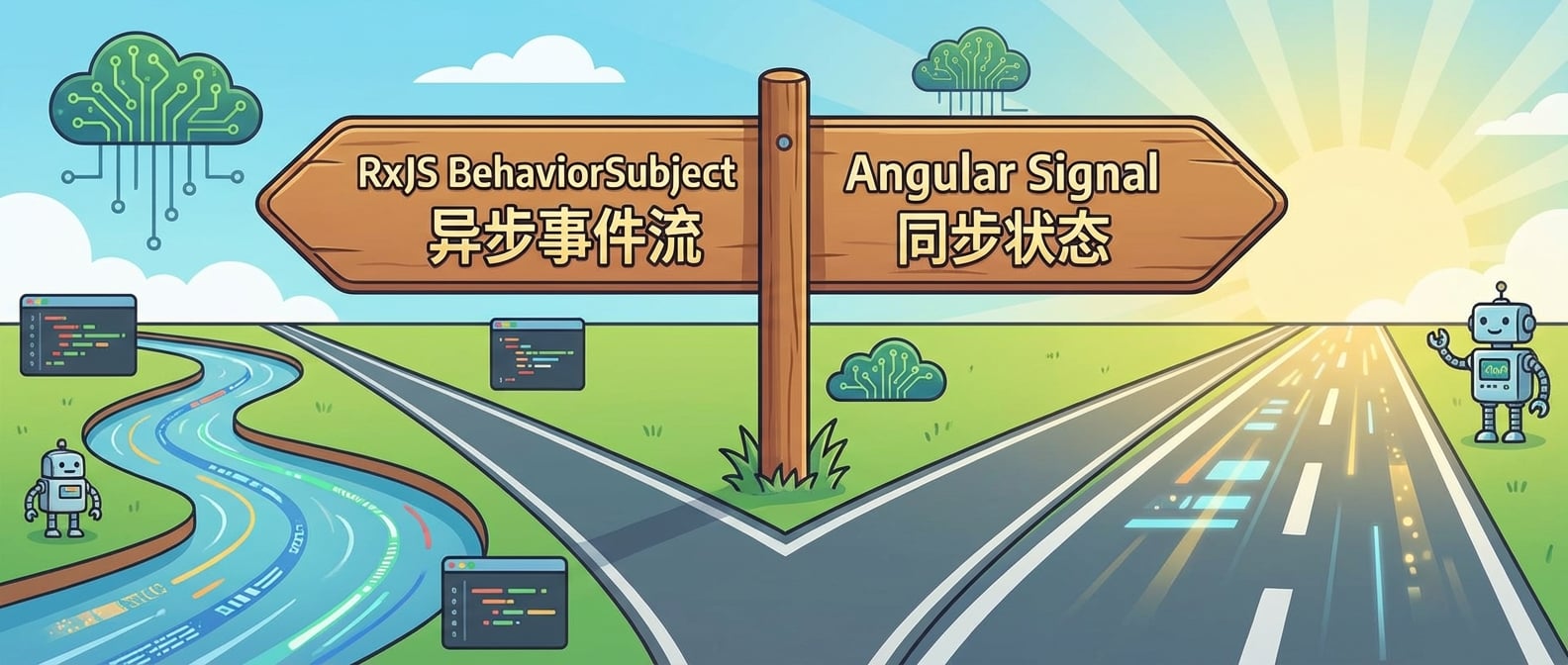 文生图:一个分叉路口的路牌。左边的路牌指向一条蜿蜒的河流,上面写着“RxJS BehaviorSubject - 异步事件流”。右边的路牌指向一条笔直、阳光明媚的大道,上面写着“Angular Signal - 同步状态”。风格:清晰、友好的卡通风格。