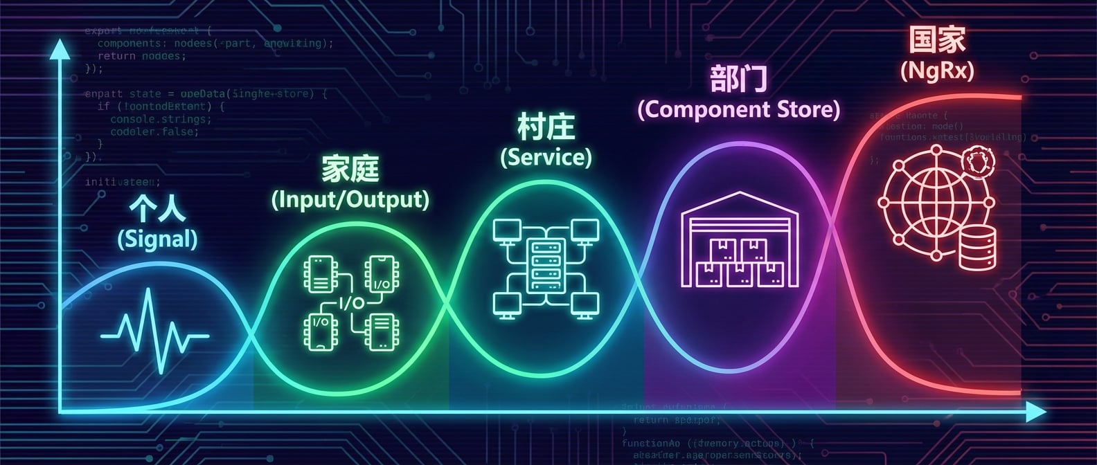 文生图:一个光谱图,从左到右分为五个区域:“个人(Signal)”、“家庭(Input/Output)”、“村庄(Service)”、“部门(Component Store)”、“国家(NgRx)”,每个区域对应一个状态管理方案和其图标,清晰地展示了复杂度的递进关系。