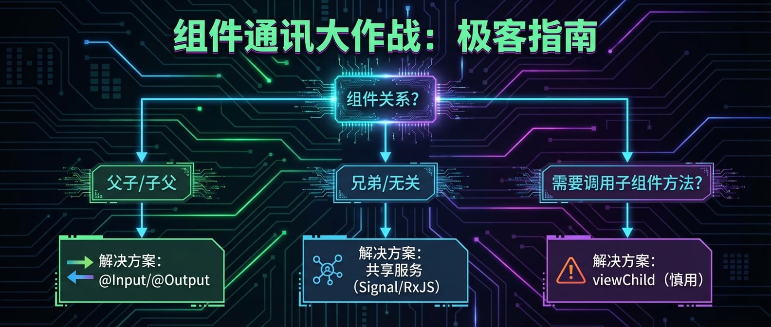 文生图:一个清晰的流程图/决策树。“组件关系?”指向三个分支:“父子/子父”、“兄弟/无关”、“需要调用子组件方法?”。每个分支都指向对应的解决方案:“@Input/@Output”、“共享服务 (Signal/RxJS)”、“viewChild (慎用)”。图表风格:简洁、扁平、信息图。