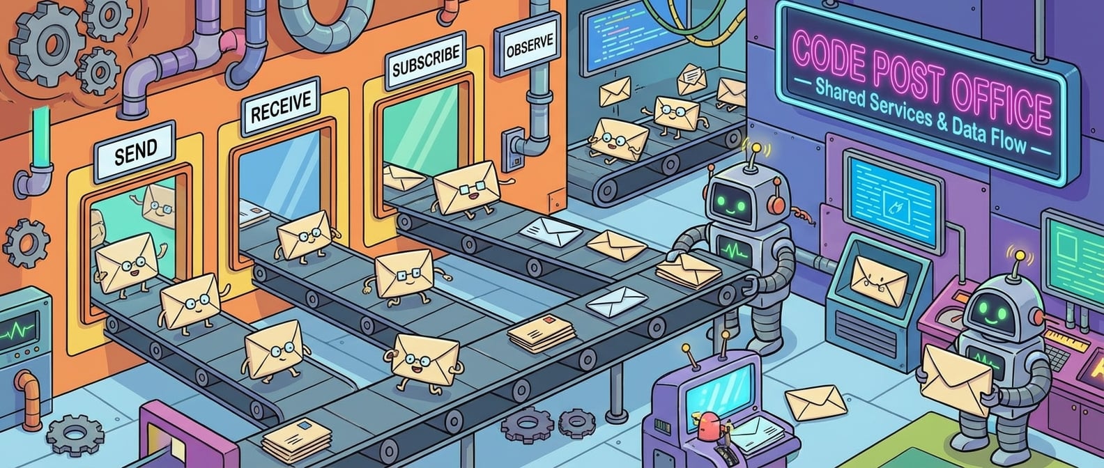 文生图:一个繁忙的“代码邮局”(共享服务),许多组件(拟人化的信封)正在通过不同的窗口(方法)发送和接收信件(数据)。邮局的内部,有代表RxJS的“传送带”和代表Signal的“分拣机器人”。风格:趣味盎然的卡通概念图。