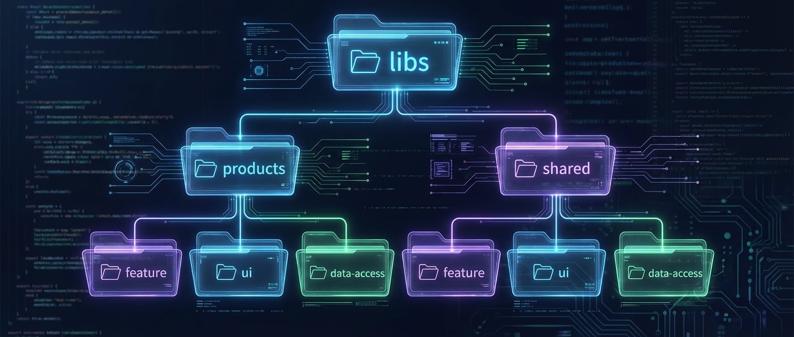 文生图:一个清晰的文件夹树状图,顶层是libs,下面分出products, shared等子目录,每个子目录下又分出feature, ui, data-access等文件夹,像一个整齐的分类书架。风格:干净、现代的信息图表。