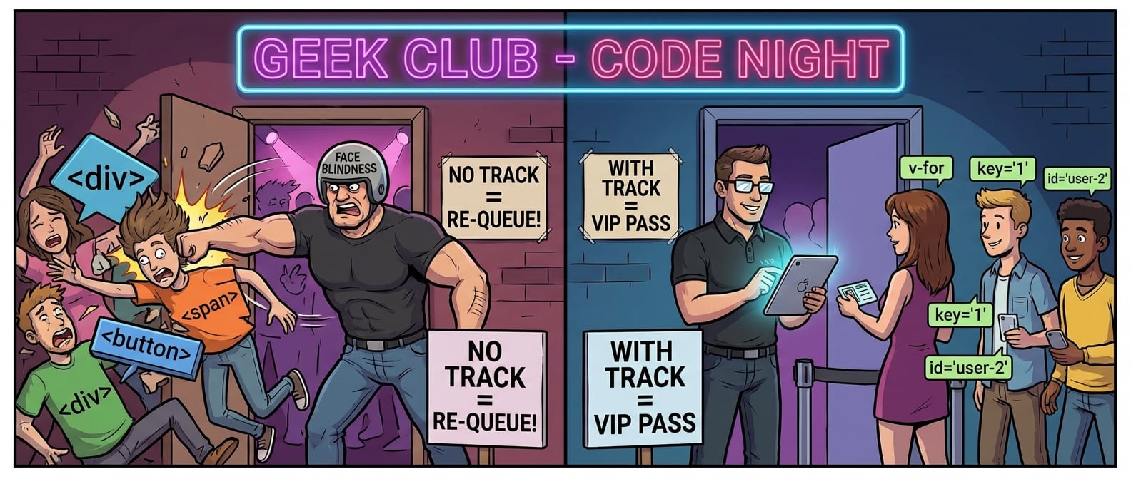 文生图:一个夜店门口,一位“脸盲”的保安(无track)正在粗暴地把所有客人(DOM元素)都推出去,让他们重新排队。而另一边,一位戴着眼镜、拿着名单的“精明”保安(有track),正高效地让客人凭ID入场。风格:对比鲜明的卡通漫画。